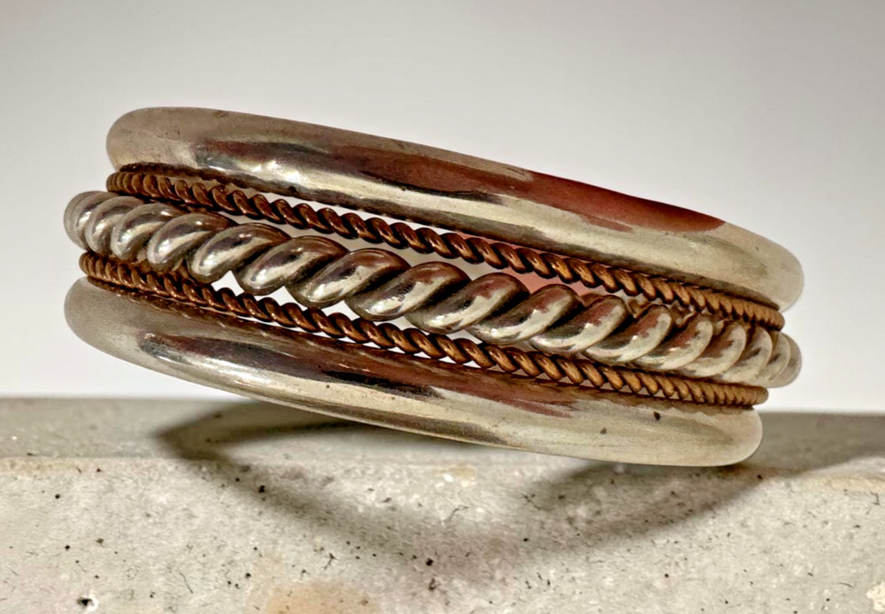 Sterling Silver Cuff Bracelet w Brass Rope Coil Signed AT Navajo 48 Grams Native